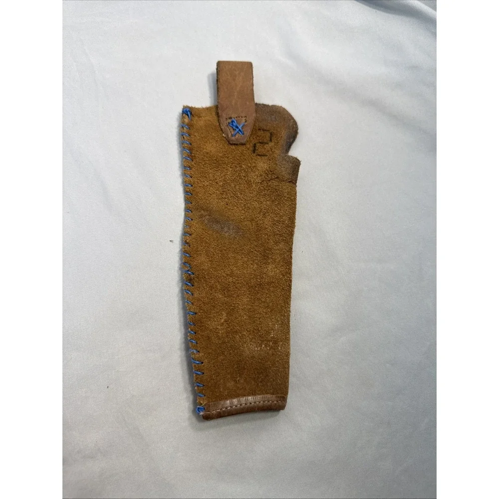 Vintage Handmade Brown Suede Leather Knife Sheath Holster Blue Whipstitch 10